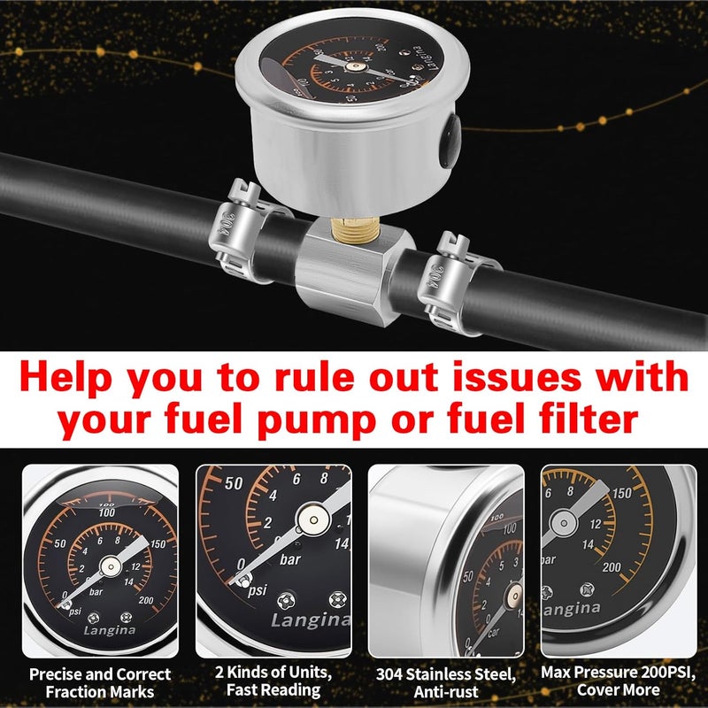 Langina 200psi Fuel Pressure Gauge Kit,0-200psi Fuel Pressure Gauge,3/8" to 5/16" Dual Size Barb Hose Fittings(304SS),1/8" NPT Inline Oil Pressure Gauge with 3/8" 5/16" Barb - Image 4